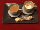Mango-Curry-Cappuccino mit Ingwersahne  und Bananen-Chili-Süppchen an Hähnchen-Saté - Rezept