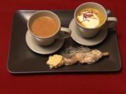 Mango-Curry-Cappuccino mit Ingwersahne  und Bananen-Chili-Süppchen an Hähnchen-Saté - Rezept