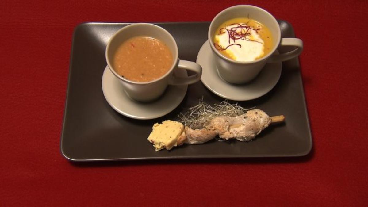 Bilder für Mango-Curry-Cappuccino mit Ingwersahne und Bananen-Chili-Süppchen an Hähnchen-Saté - Rezept