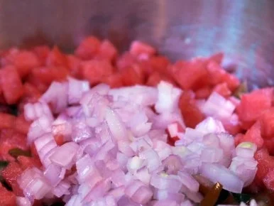 Rezept: Büffelmozzarella auf geröstetem Brot mit einer Salsa aus Aprikosen, Tomaten und Melone Bild Nr. 5 Büffelmozzarella auf geröstetem Brot mit einer Salsa aus Aprikosen, Tomaten und Melone - Rezept - Bild Nr. 5