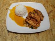 Honighähnchen mit Reis an Zucchini-Paprika-Gemüse  und Orangen-Sahne-Soße - Rezept