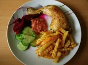 Kräuter Hähnchenschenkel mit kaltem Tomatendip - Rezept