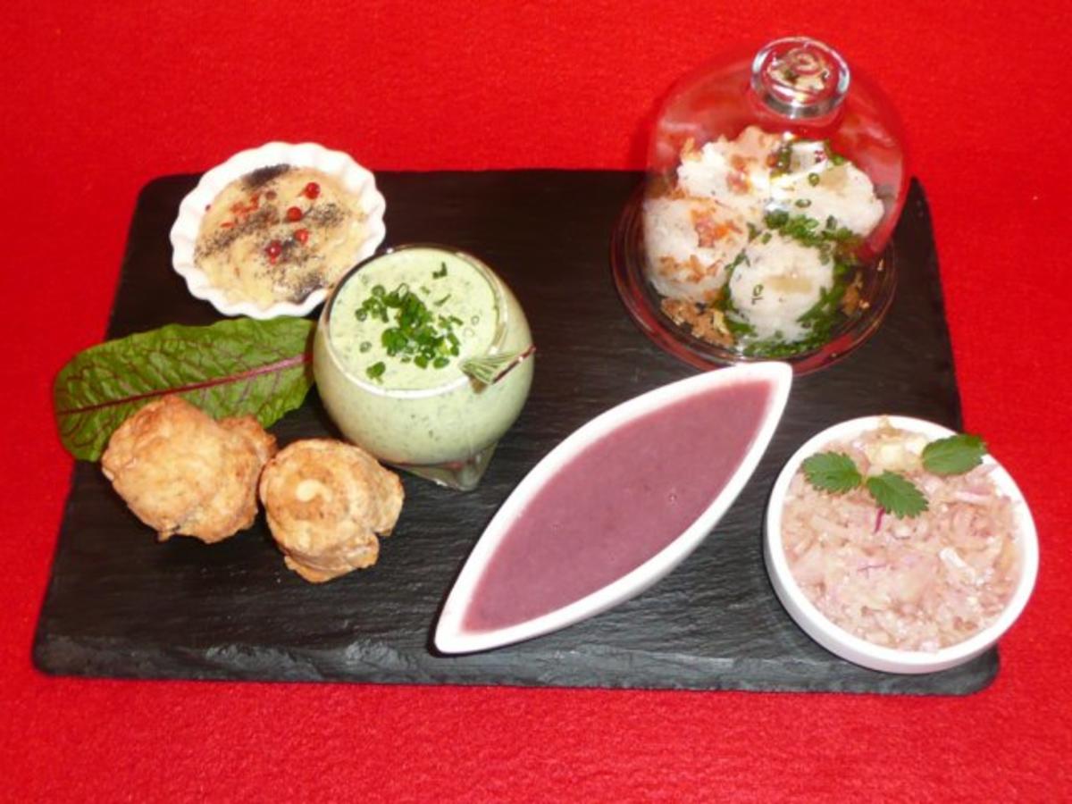Hessische Sushis gefüllt mit "Handkäs mit Musik" und "Worscht und
Gemüs", dazu Gree Soss - Rezept Von Einsendungen Das perfekte Dinner