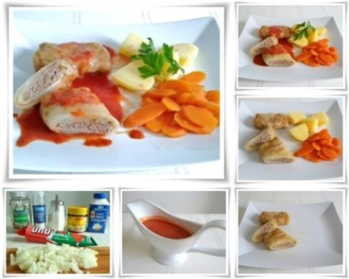 Kohlrouladen mit Tomatensauce, Salzkartoffeln und Möhren - schonend gegart. - Rezept - Bild Nr. 3