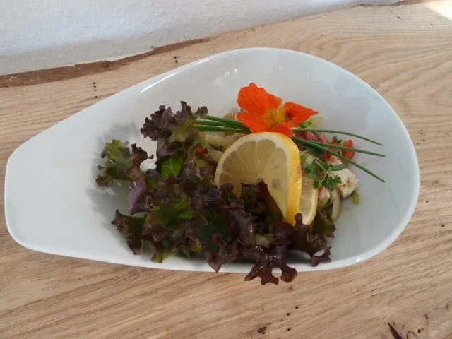 Octopussalat a la Giacomo mit Oliven und Brot als Amuse-Geul und Kir Royal - Rezept