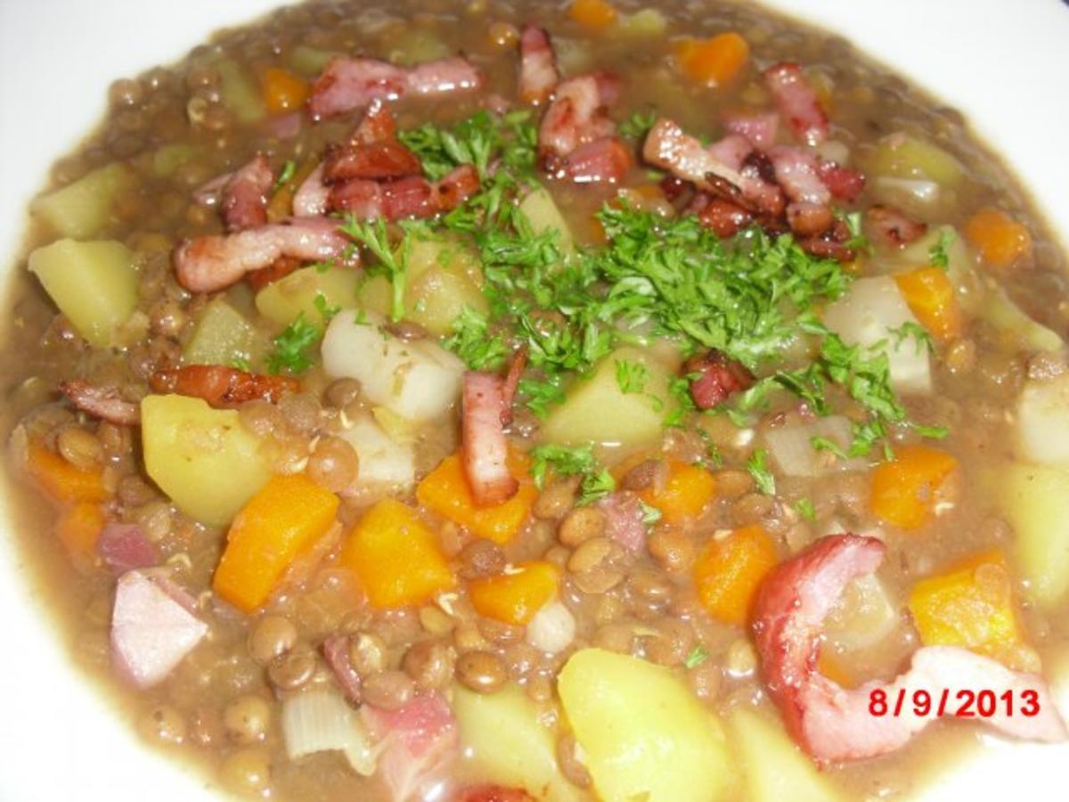 Bilder für Linseneintopf mit Blutwurst und Speckwürfeln, - Rezept