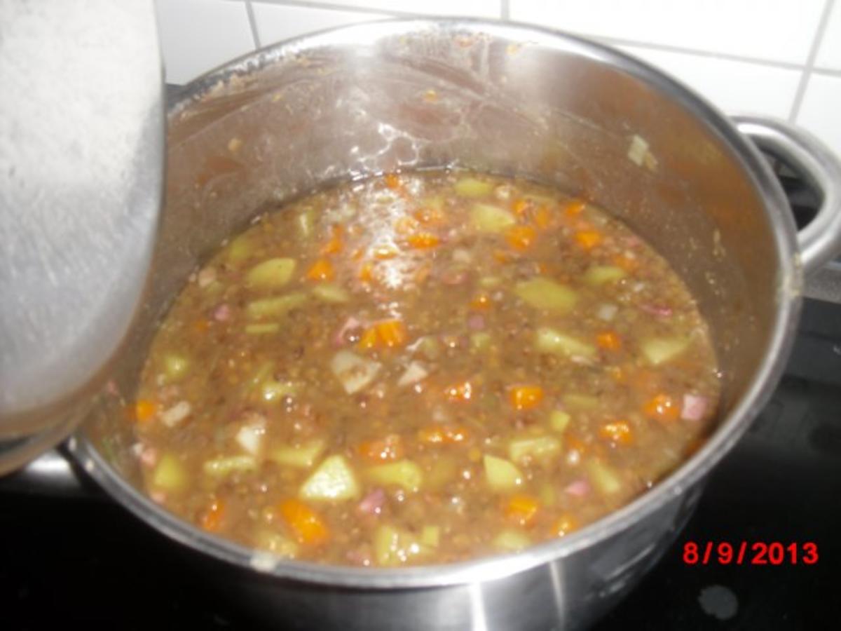 Linseneintopf mit Blutwurst und Speckwürfeln, - einfach - 31 kcal/100g