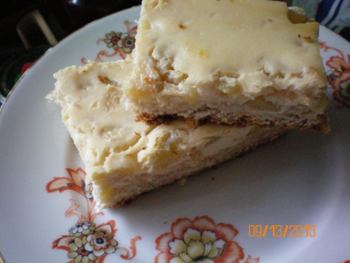 Kuchen: Quarkkuchen mit Pfirsichen vom Blech - Rezept