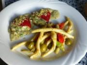 Span.Paprika mit Calamar- Kartoffelfüllung auf Basilikumcreme und  Maccaroni - Rezept