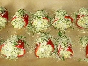 Span.Paprika mit Calamar- Kartoffelfüllung auf Basilikumcreme und  Maccaroni - Rezept - Bild Nr. 5