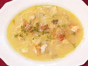 Rezept: Geflügeleintopf mit Garnelen und Ziegenkäse Geflügeleintopf mit Garnelen und Ziegenkäse - Rezept