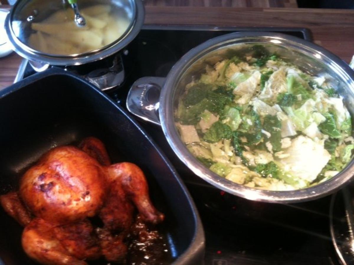 Zubereitung von Hähnchen, Wirsingkohl, Kartoffeln - Rezept