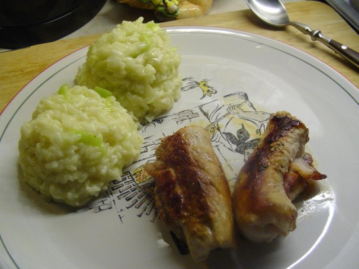 Minutensteakröllchen  mit Speck und Risotto - Rezept