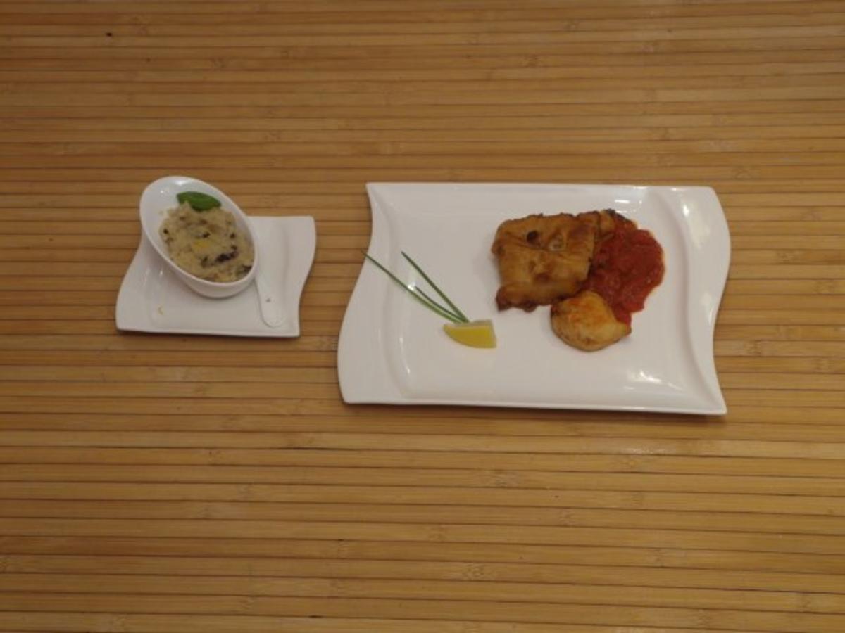 Bilder für Fischfilet im Biermantel mit fruchtiger Tomatensoße und Risotto - Rezept