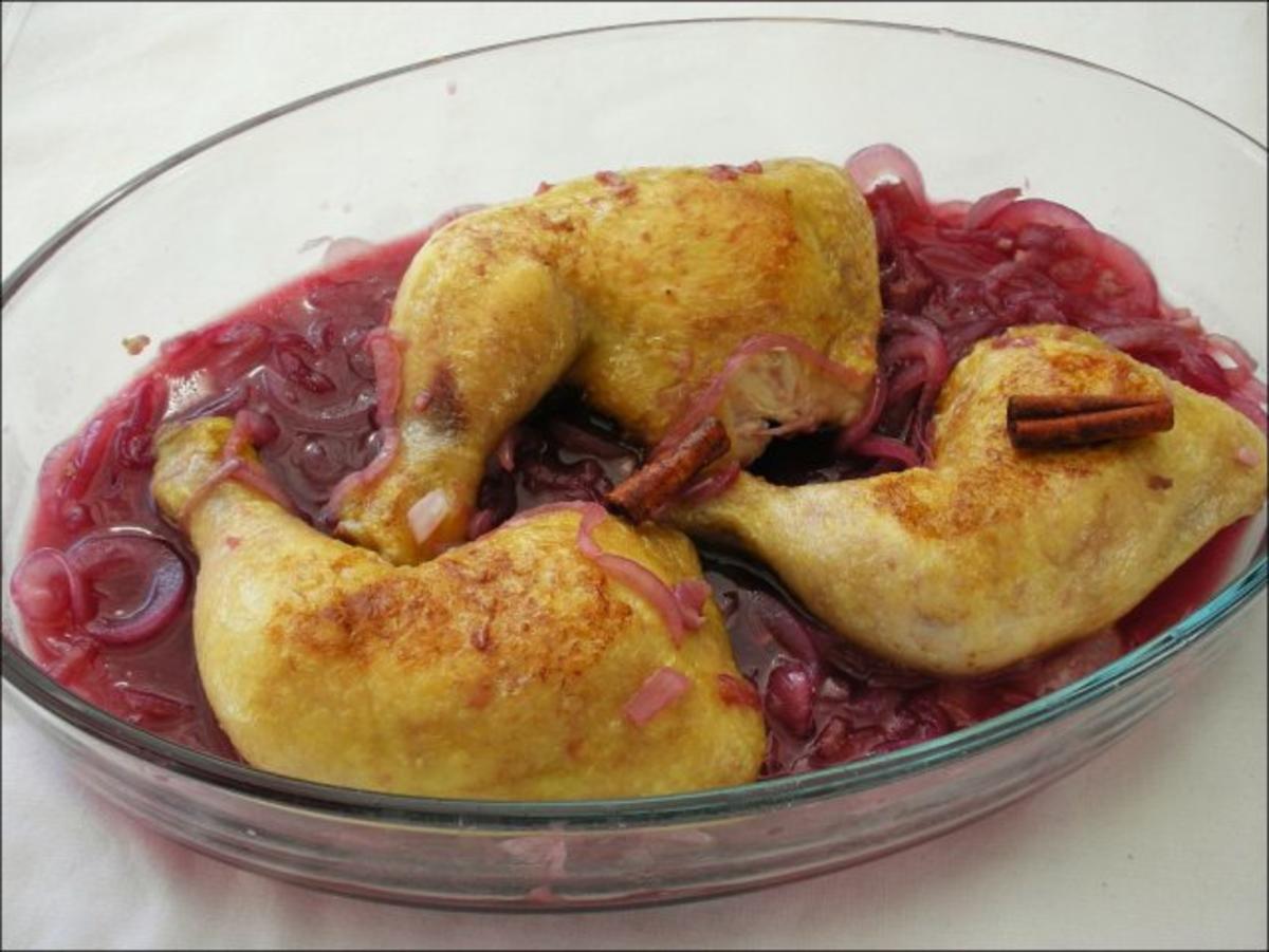 Gebackene Hühnerkeulen mit Gemüse, Portwein und Feigen - Rezept - Bild Nr. 5