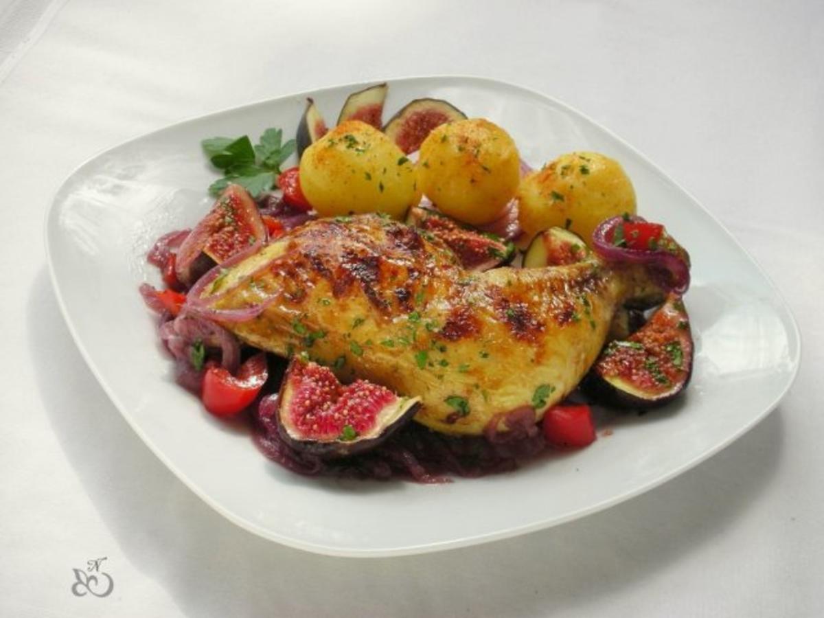 Gebackene Hühnerkeulen mit Gemüse, Portwein und Feigen - Rezept - Bild Nr. 8
