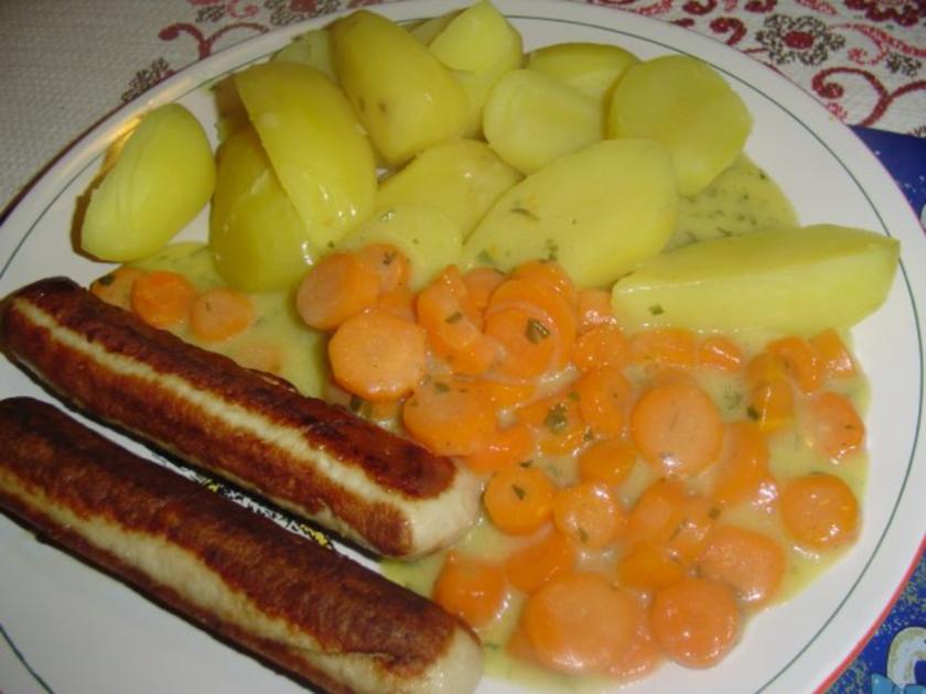 Karottengemüse, Salzkartoffeln mit Wollwürste und Kassler - Rezept ...