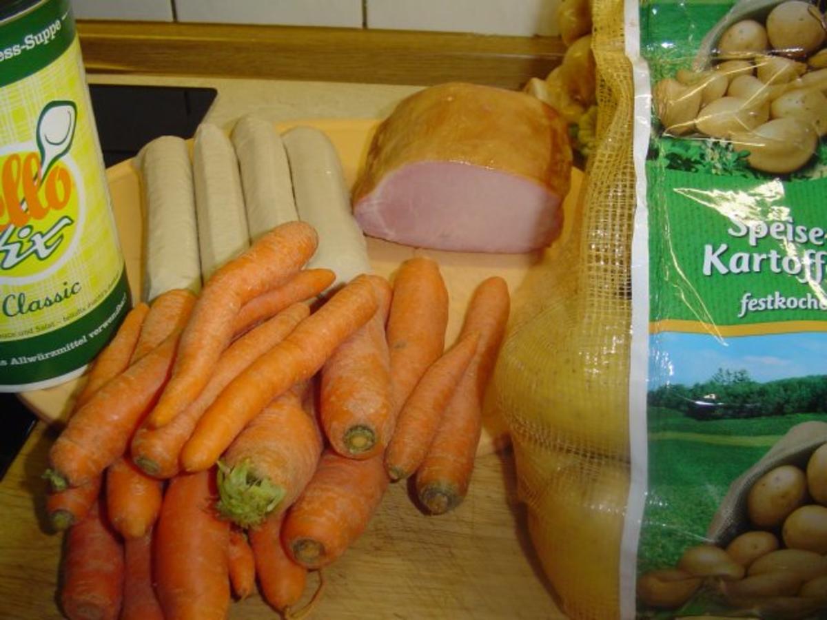Karottengemüse, Salzkartoffeln mit Wollwürste und Kassler - Rezept ...