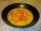 Kürbiscremesuppe mit gebackener Kürbiseinlage - Rezept