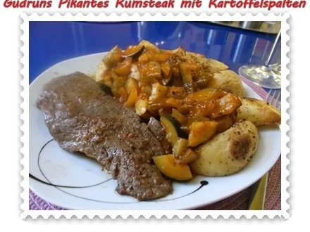 Rezept: Fleisch: Pikantes Rumpsteak mit Kartoffelspalten und Tomatensoße Fleisch: Pikantes Rumpsteak mit Kartoffelspalten und Tomatensoße - Rezept