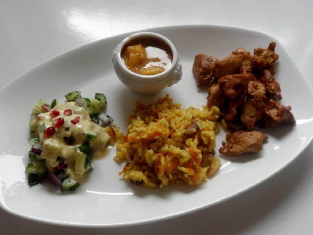 Teriyaki-Hähnchen mit Mango-Erdnuss-Soße, Curry-Möhren-Reis und Granatapfel-Gurken-Salat - Rezept - Bild Nr. 14