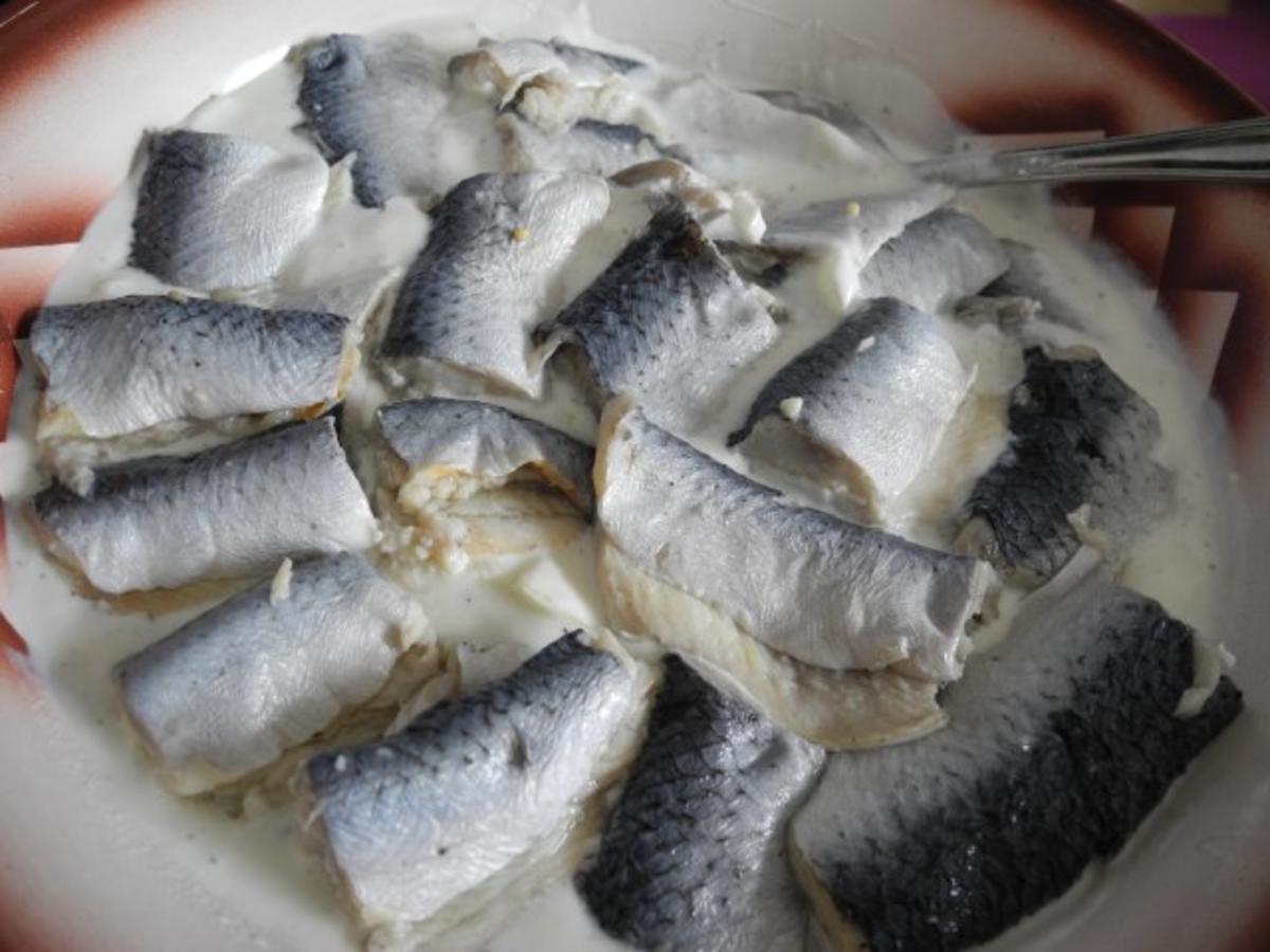 Fisch : Bismarckhering auf Apfel-Joghurt dazu Pellkartoffeln - Rezept
