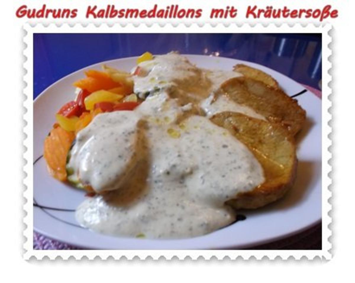 Bilder für Fleisch: Kalbsmedaillons mit Käse-Kräutersoße und gedämpften Gemüse - Rezept