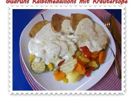 Rezept: Fleisch: Kalbsmedaillons mit Käse-Kräutersoße und gedämpften Gemüse Bild Nr. 14 Fleisch: Kalbsmedaillons mit Käse-Kräutersoße und gedämpften Gemüse - Rezept - Bild Nr. 14