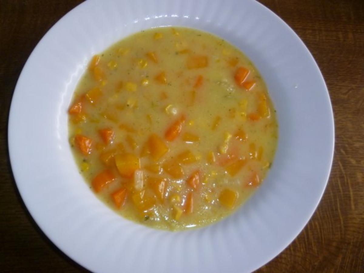 Butternusskürbis-Cremesuppe mit Mais - Rezept