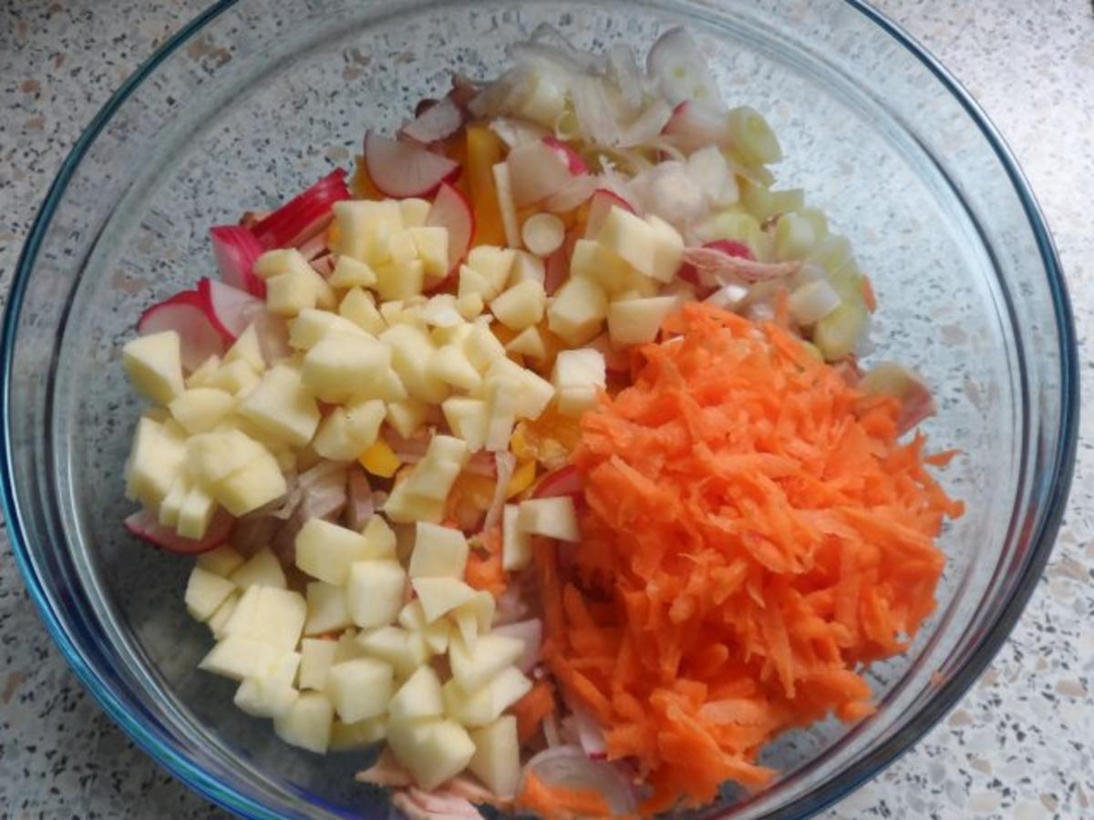 Salate: Bunter Leberkäse-Salat mit Orangen-Senf-Dressing - Rezept - Bild Nr. 4