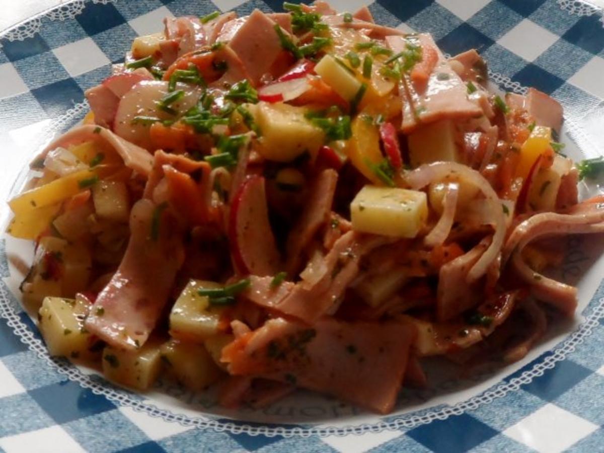 Salate: Bunter Leberkäse-Salat mit Orangen-Senf-Dressing - Rezept - Bild Nr. 10