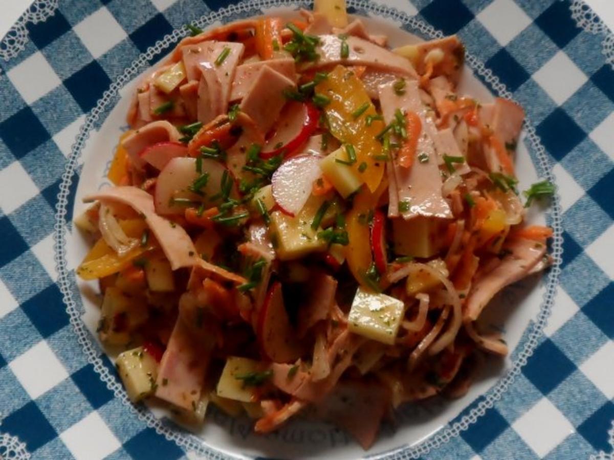 Salate: Bunter Leberkäse-Salat mit Orangen-Senf-Dressing - Rezept - Bild Nr. 11