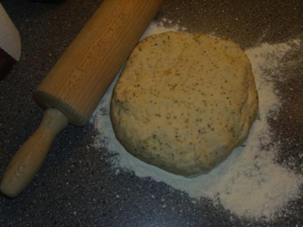 Pizza mit Tomaten Käse Sosse, Paprikasalami und Gorgonzola - einfach ...