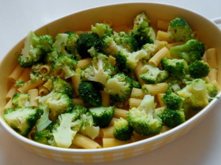 Hähnchen-Nudel-Auflauf mit Champignons, Broccoli und Tomaten-Sahne-Soße ...