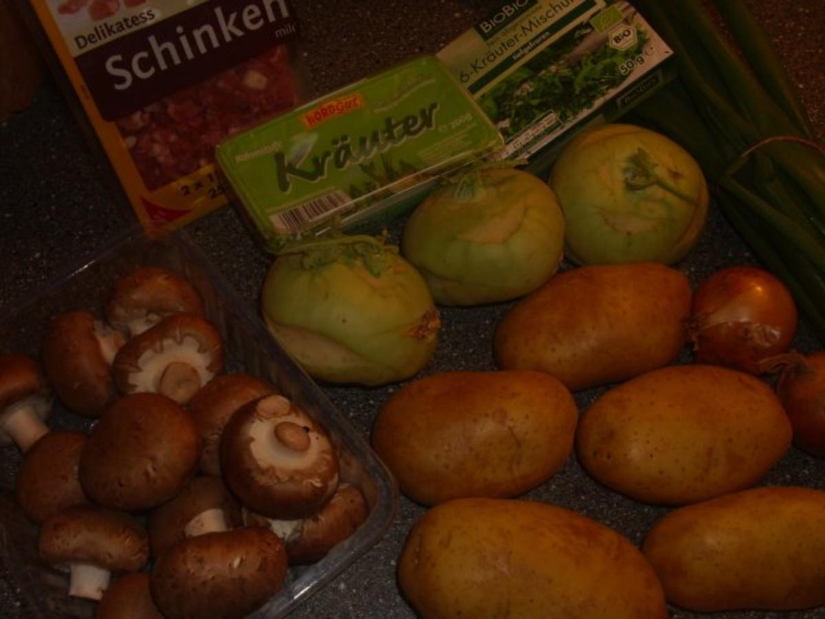 Kartoffel-Kohlrabi-Kräuter-Püree mit Champignon-Schinken-Zwiebeln - Rezept - Bild Nr. 2