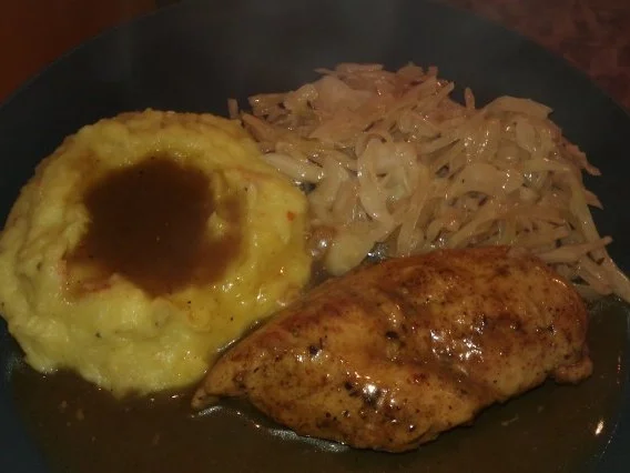 Geschmorte Hähnchenbrust mit Kartoffel-Kürbisstampf und Bayrisch Kraut - Rezept - Bild Nr. 3