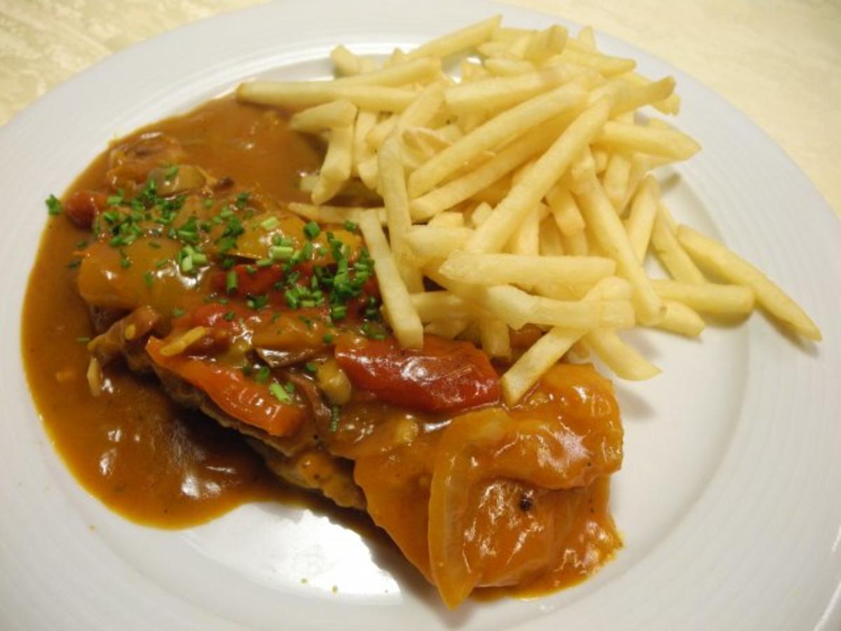 Zigeunerschnitzel (natur) dazu Pommes Frites - Rezept - kochbar.de