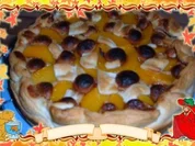 Blätterteig : Kuchen mit Pfirsich - Pudding - Marzipan - Rezept