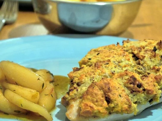 Hähnchenbrust unter Ziegenkäsehaube mit karamellisierten Thymianbirnen - Rezept - Bild Nr. 12