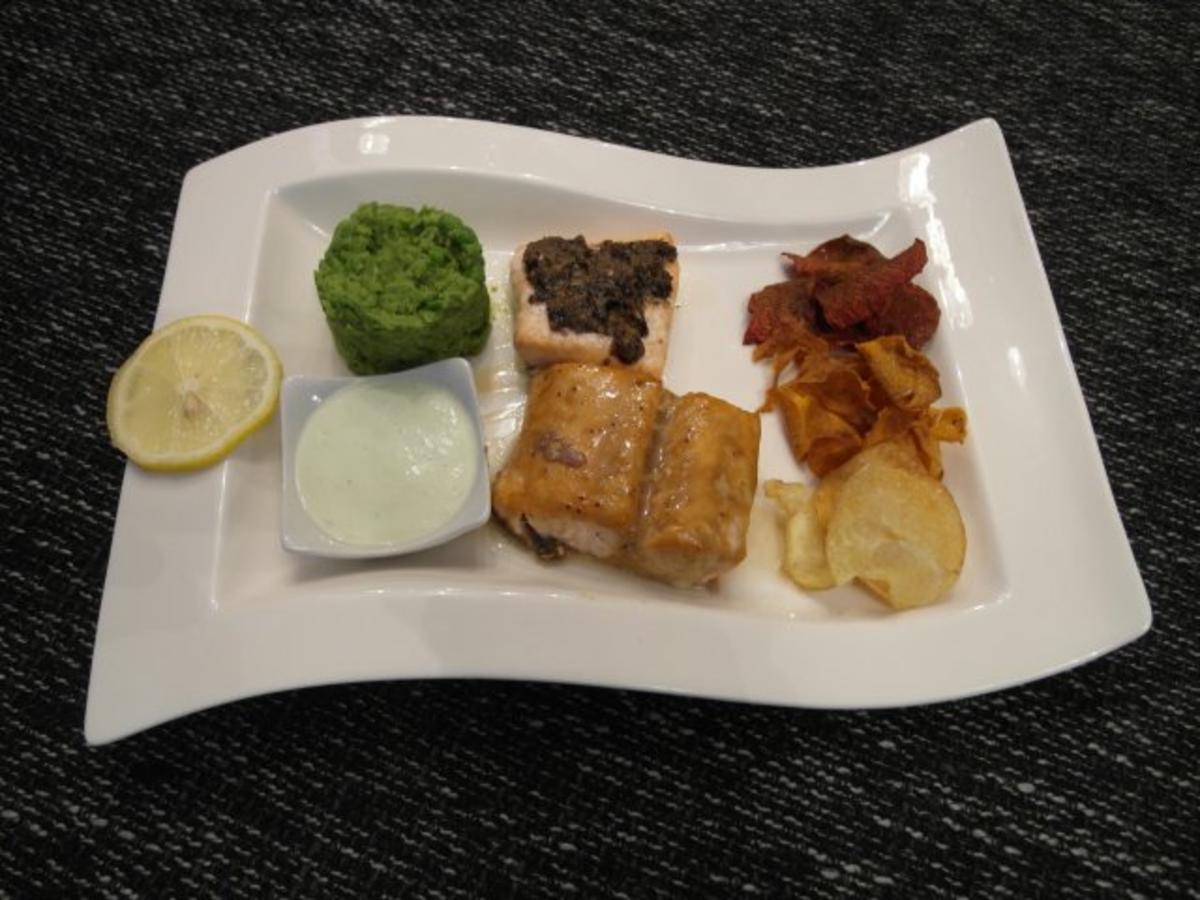 Mit Ahornsirup glasierter Lachs und Lachs unter Olivenkruste an ...