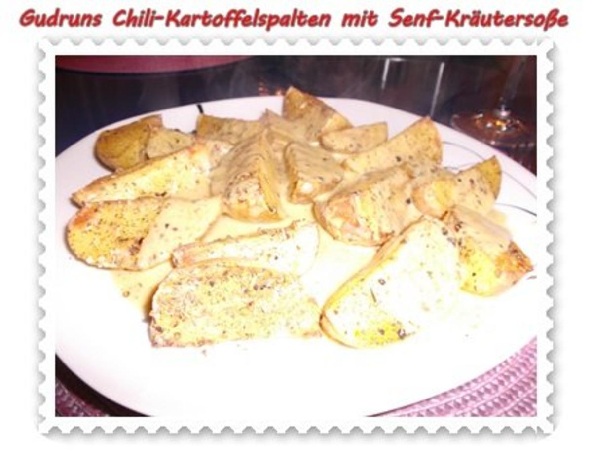 Kartoffeln: Chili-Kartoffelspalten mit Kräuter-Senf-Soße - Rezept