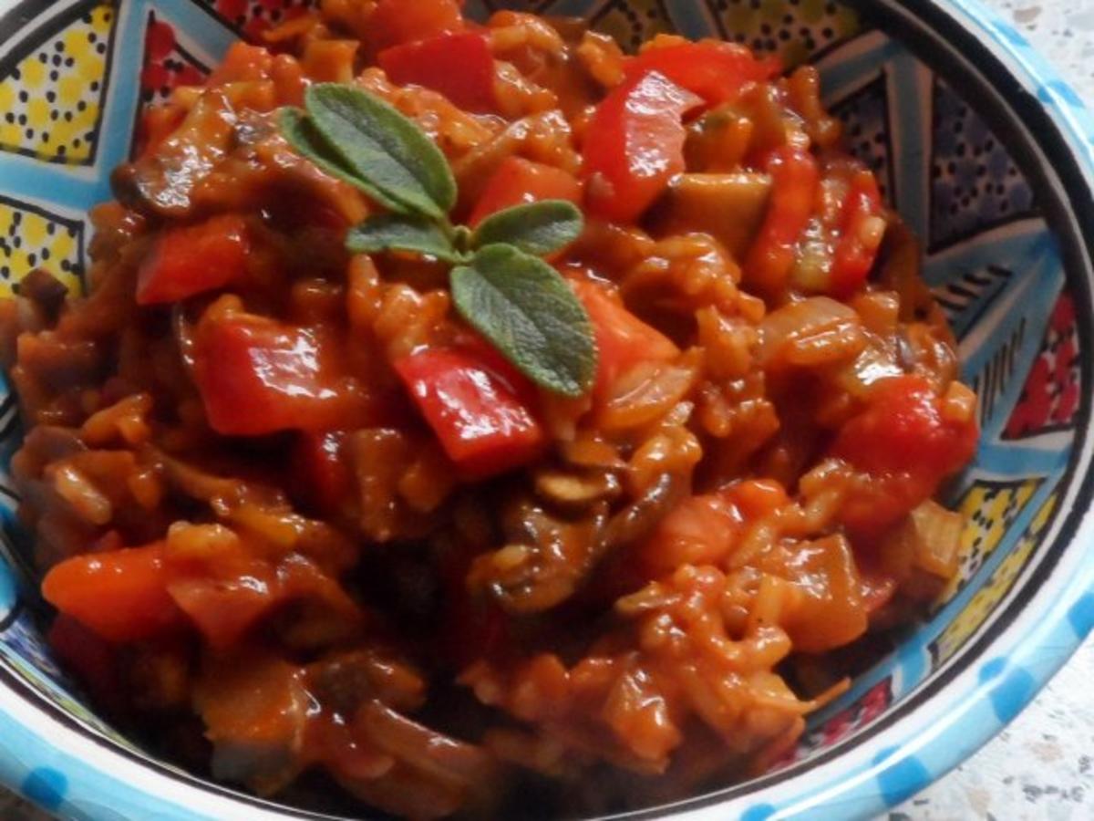 Bilder für Pfannengerichte: Mediterrane Champignon-Tomatenreis-Pfanne - Rezept