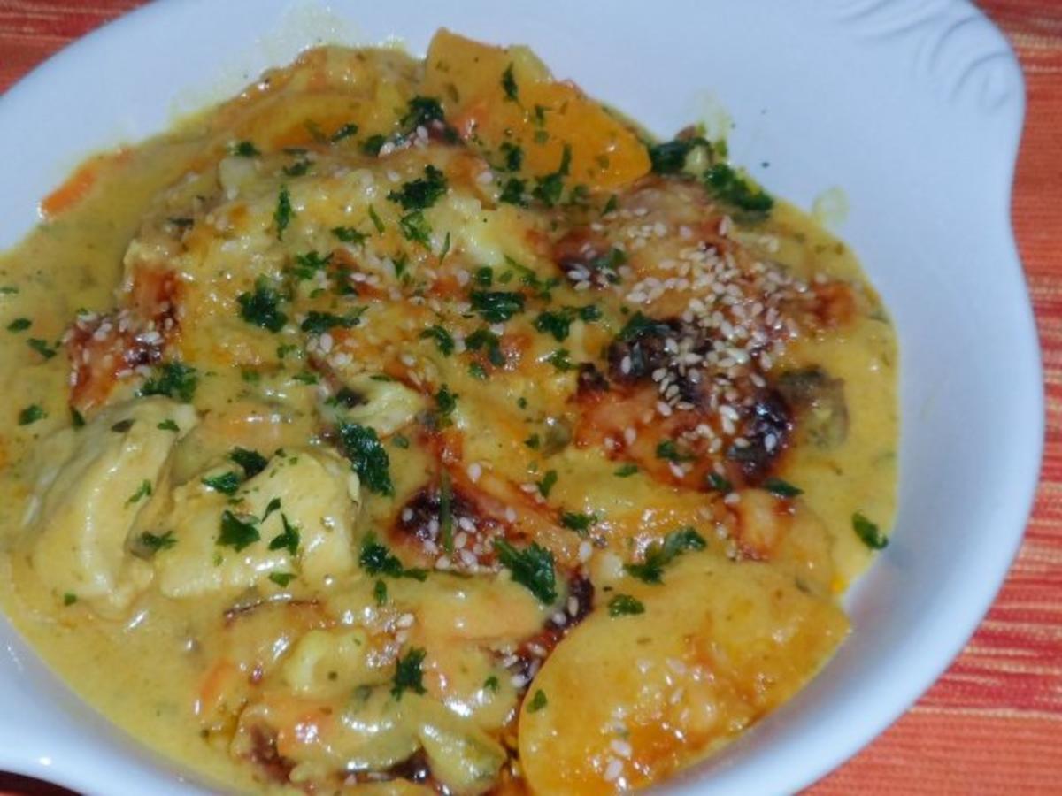 Ofengerichte: Gratiniertes Pfirsich-Kokos-Hähnchen mit Karotten und ...