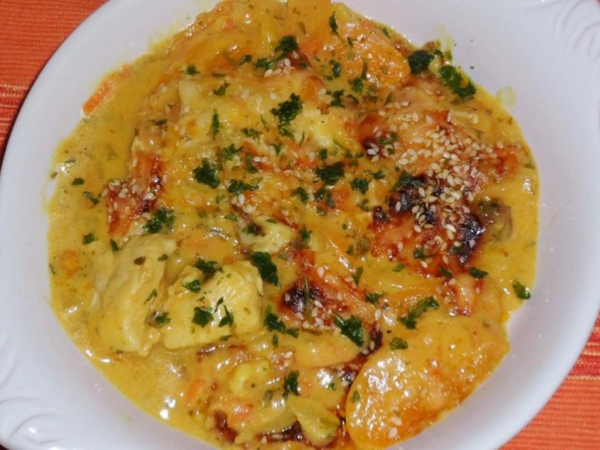 Ofengerichte: Gratiniertes Pfirsich Kokos Hähnchen mit Karotten und ...