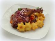 Barbarie-Entenkeulen mit Portwein-Preiselbeersauce und Kartoffelteig-Sternen - Rezept