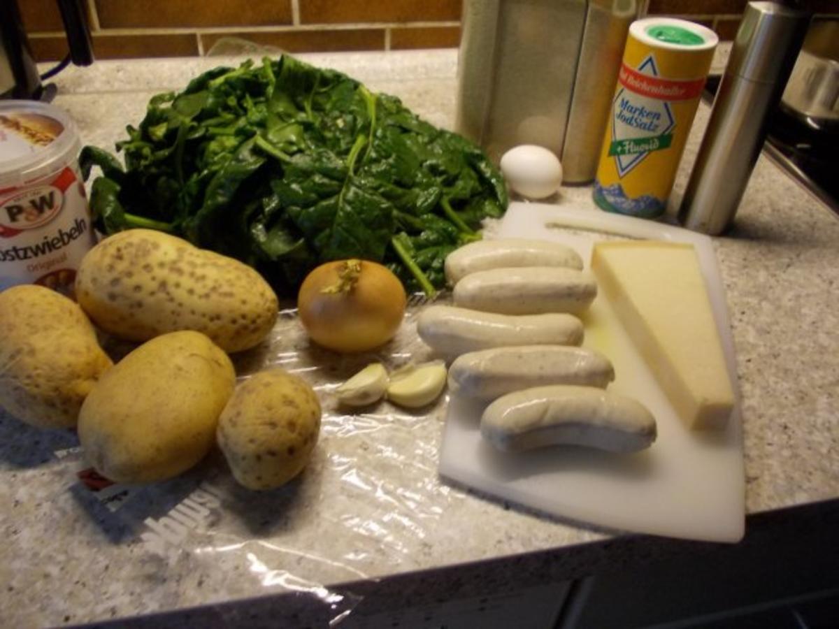 Spinat mit knusprigen Weißwurstscheiben und Kartoffelstampf - Rezept - Bild Nr. 2