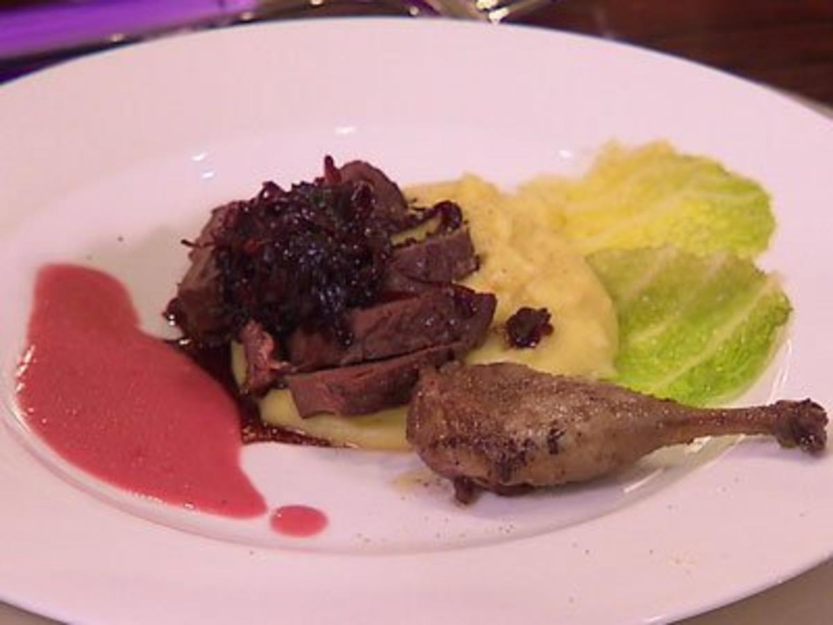 Ente mit rotem Zwiebelconfit und Kartoffelpüree - Rezept