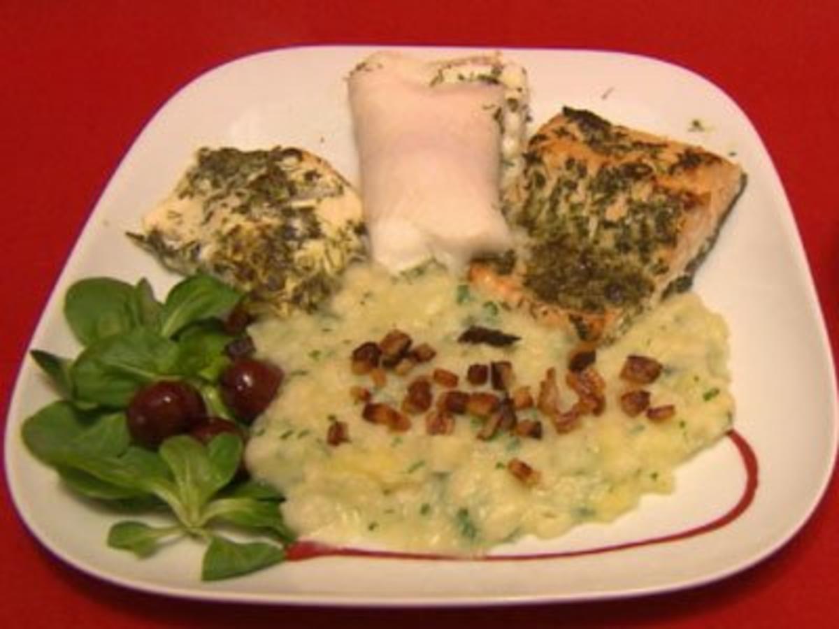 Usedomer Fischtüften mit dreierlei gegrilltem Ostseefisch und Gurkensalat - Rezept