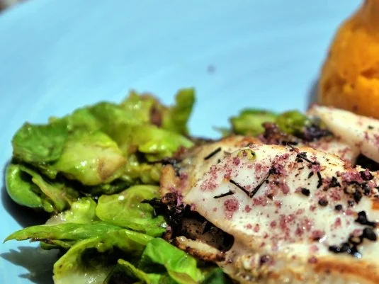 Schollenfilet auf Rosenkohl-Mandel-Bett, dazu Süßkartoffelpüree - Rezept - Bild Nr. 11