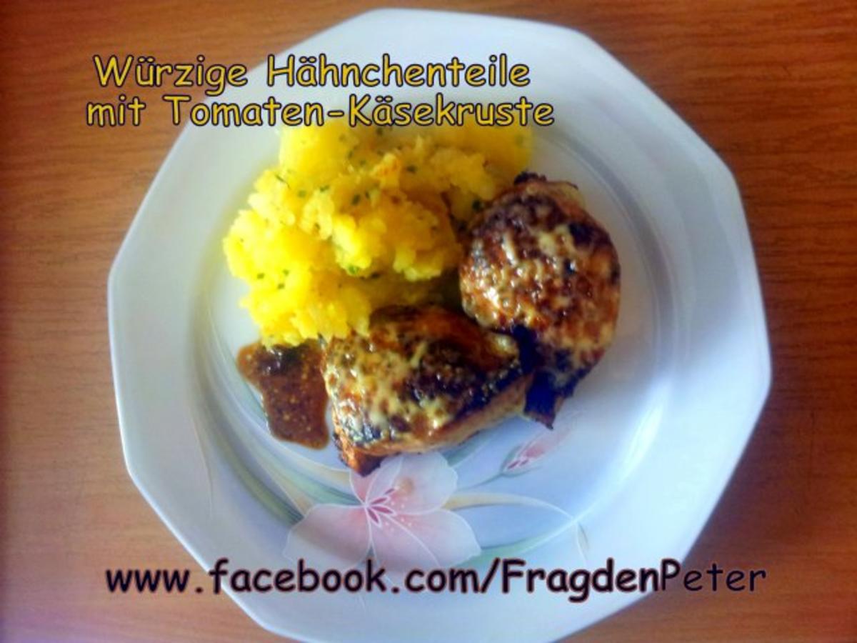 Bilder für Würzige Hähnchenteile mit Tomaten-Käsekruste und Kartoffelschmarrn - Rezept